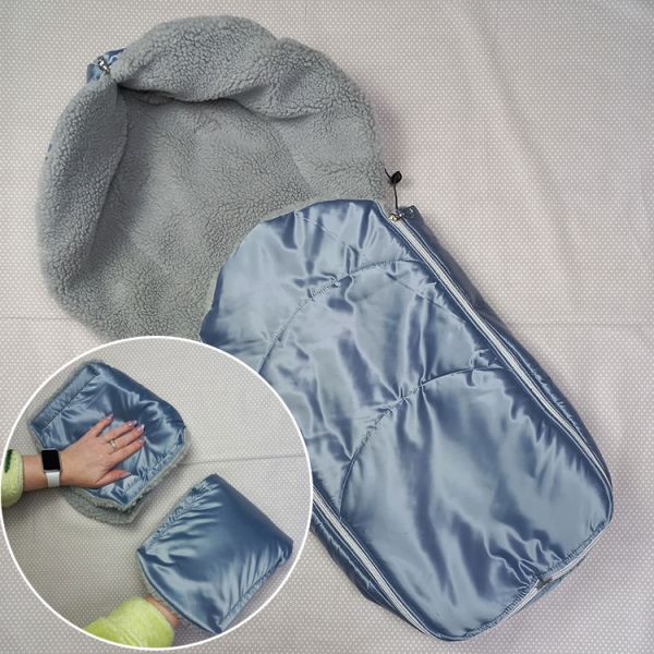 Теплый комплект для коляски и санок: конверт + варежки серо-голубой