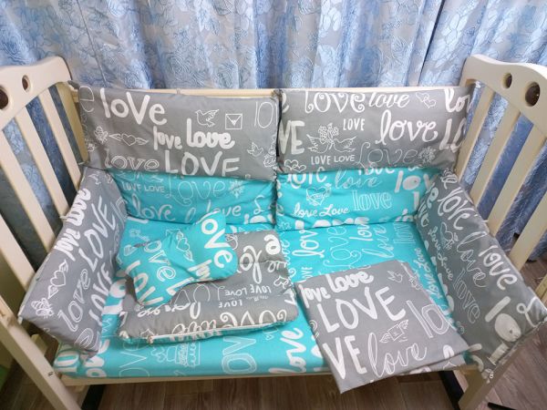 Постельный комплект в детскую кроватку - "Love Бирюзовый" + "Love Серый" комби.