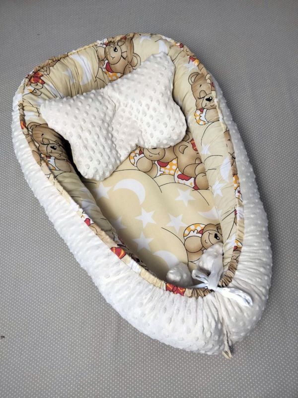 Дитячий кокон двосторонній "Трансформер" - "Ведмедики" + Молочний плюш, скомбінований.