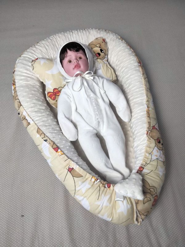 Дитячий кокон двосторонній "Трансформер" - "Ведмедики" + Молочний плюш, скомбінований.